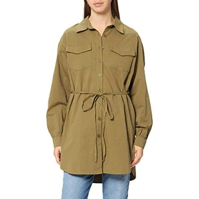 Image of NA KD Women&#039;s Oversized Belted Shirt, Olive Green, 10 UK