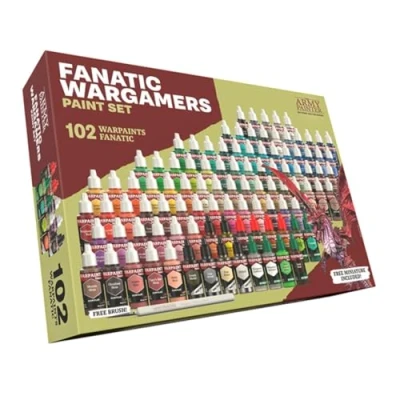 Image of The Army Painter, Warpaints Fanatic Wargamers paint Set, 102 x 18 ml Acrylic Paints, incl. Metallics, Washes, Effects, 1 brush &amp; Miniature set for D&amp;D Warhammer Miniatures