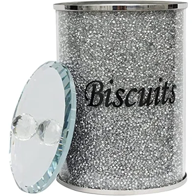 Image of Glamified Diamond Crushed Silver Biscuit Canister Jar Tin Trimmings Crystal Filled, Kitchen Storage