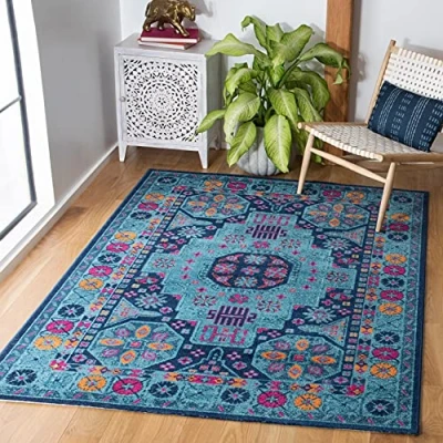 Image of SAFAVIEH Vintage Inspired Rug for Living Room, Dining Bedroom Artisan Collection, Short Pile, in Blue and Multi, 91 X 152 cm