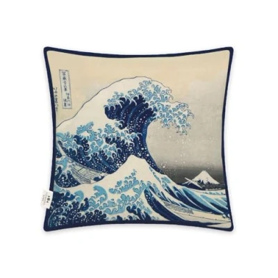 Image of Museums &amp; Galleries Square Cushion The Great Wave by Katsushika Hokusai Artistic Japanese Design Organic Cotton 45 x 45cm Stylish Home Accessory