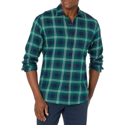 Image of Amazon Essentials Men&#039;s Long Sleeve Flannel Shirt (Available in Big &amp; Tall), Green Navy Ombre Plaid, XS