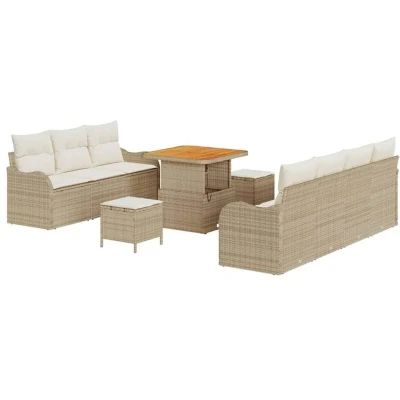 Image of vidaXL 10 Piece Garden Sofa Set with Cushions Beige Poly Rattan Acacia