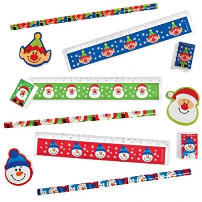 Image of Baker Ross FX400 Christmas Chums Stationery Sets Pack of 4, Xmas Pencil Ruler Eraser and Sharpener, Party Bag Fillers for Kids