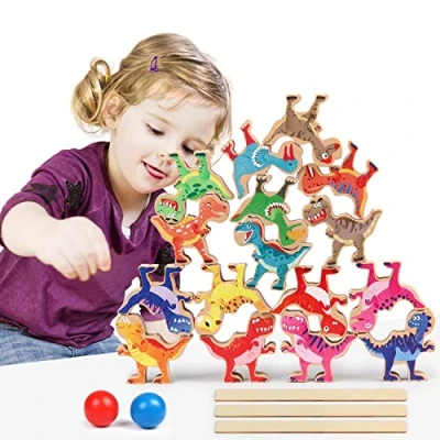 Image of Dinosaur Stacking Toys for Kids, FDTEK Montessori Wooden Blocks Balance Game 3+ Year Old Boys Girls
