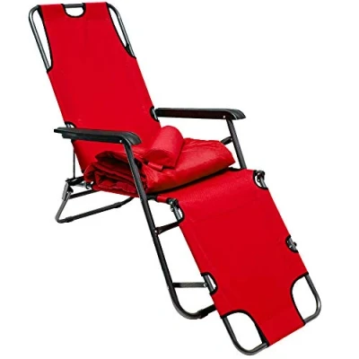Image of Folding Sun Lounger Foldable Deck Chair reclining Garden Sundeck with removable upholstery 178 cm + leg rest back headrest Red