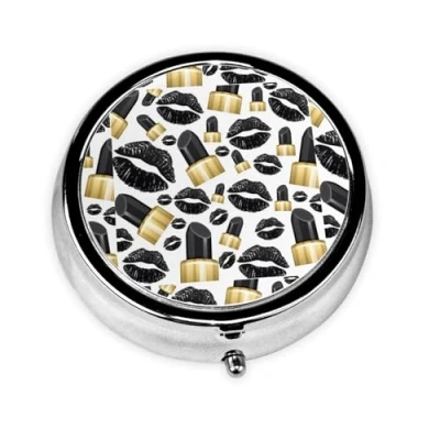 Image of Cool Black Lips Print Round Pill Box,Portable Mini Metal Pill,Pill Box 3 Compartment Medicine Case