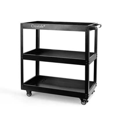 Image of Crystals 3 Tier Heavy Duty Tool Trolley Cart on Wheels Workshop &amp; Garage Service Storage Organiser with Handle and Lockable (Black)