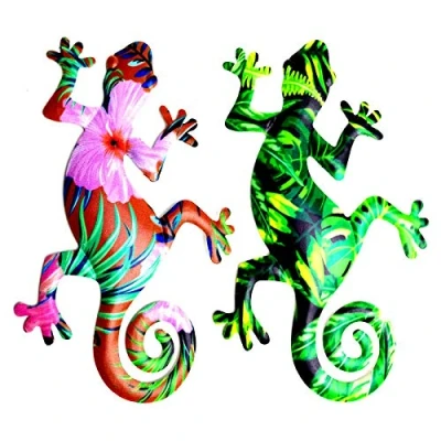 Image of TYFG Metal Gecko Wall Decor,Garden Ornaments Art Outdoor Garden Decorations Fence Sculpture Set of 2 Hanging for Backyard Porch Home Patio Lawn Sculptures