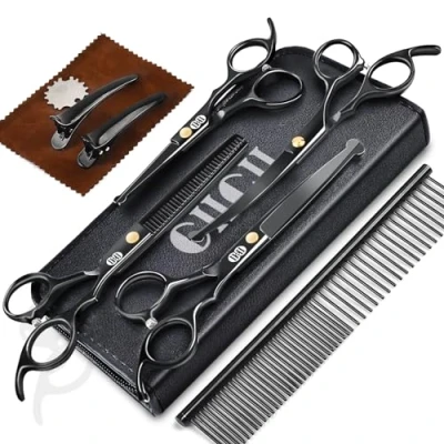 Image of CIICII Dog Grooming Scissors Kit, 10 in 1 Professional Pet Set with Safety Round Tip (Dogs/Cat Hair Cutting Trimming Thinning Shears Curved Scissors) for DIY Home Salon (Black)