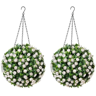 Image of CHRISTOW Pair of Artificial Rose Topiary Balls, 28cm Faux Leaf Hanging Ornaments, White Flowers, Decorative Outdoor Garden Plants, Lush Lifelike Foliage, UV Protected, Pre Attached Chain with Hook