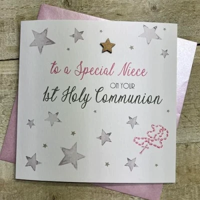 Image of 1st Communion To a Special Niece Congratulations Card Pink Holy Bible