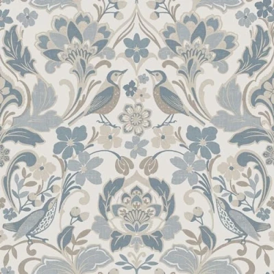 Image of World of Wallpaper Folk Themed Birds Floral Patterned Matte Finish Textured for Living Room and Bedroom Soft Blue 946103