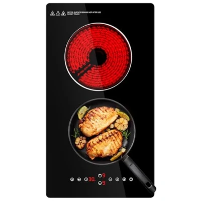 Image of Ceramic Hob,29cm Built in 2 Zones Electric Hob,3000W,Built Black Glass Cooker with Touch Control, Child Safety Lock, Timer