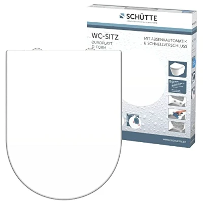 Image of Schütte 82910 Duroplast D Shape Soft Close Mechanism and Quick Release for Easy Cleaning, Maximum Load of The Toilet Seat 150 kg, White