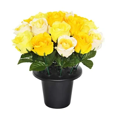 Image of SF ARTIFICIAL YELLOW OPEN ROSE GRAVE POT WITH 16 FLOWERS VASE INSERT MEMORIAL