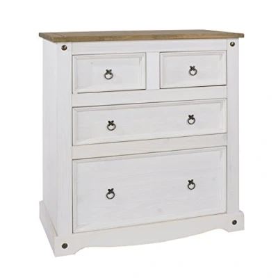 Image of Home Source Corona Chest 2 Solid Pine Industrial Style Storage Cabinet, White, 4 Drawers