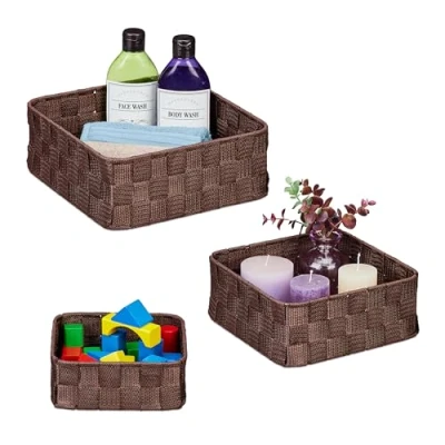 Image of Relaxdays, Set of 3, Woven, Plastic, Metal Frame, Bathroom Baskets, Storage Box, Brown, Various sizes