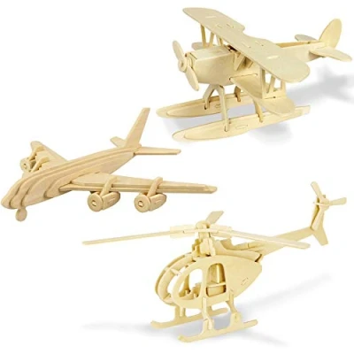 Image of Georgie Porgy Woodcraft Construction Kits 3D Wooden Puzzle Jigsaw Model for Kids Toy Age 5+ Pack of 3 (Seaplane Helicopter Civil Airplane)