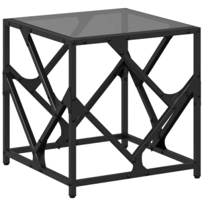 Image of vidaXL Coffee Table Black Glass Top, Engineered Wood &amp; Steel Frame Modern Table, End Side for Living Room, Hallway, Bedroom 40 x 41 cm