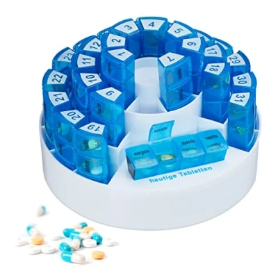 Image of Relaxdays Pill Box, Medication Sorter for 31 Days, 4 Compartments Each, BPA Free Plastic, HxØ: 14 x 21cm, White/Blue