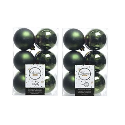 Image of 24 Pine Green Christmas Baubles 6cm Shatterproof Tree Ornaments Shiny Matt Decorations