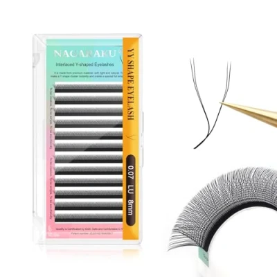 Image of NAGARAKU YY Eyelash Extensions Supplies Y Lash Premade Fans 4D Russian Volume Cross Eyelashes Handwoven Shaped Mesh Technology Wispy Crisscross Cluster Matte Black 12 Rows(0.07 LU Curl 8mm）