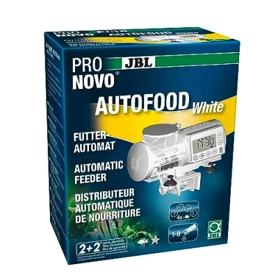 Image of JBL Pronovo Autofood Automatic Feeder for Aquarium, Feeding with Fish Feed Granules up to 4x a day, Includes Holder and Adapter Ring Extend Volume 375 ml, White