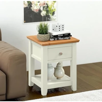 Image of Hallowood Furniture Clifton Oak Compact Green Off White Painted Side Table with Drawer and Shelf, Wooden Bedside Table, Lamp Living Room Small Plant Stand for Hallway
