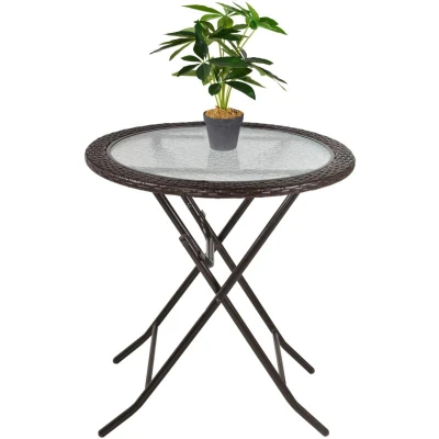 Image of Outsunny Folding Round Tempered Glass Metal Table with Brown Rattan Edging