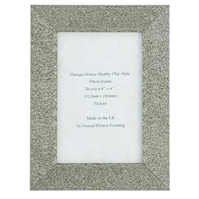 Image of Penrod Picture Framing Charleston Shiny Sparkly Embossed Pewter 6x4 inch photo frame with mirror effect edge.
