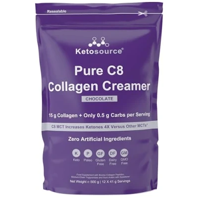 Image of Pure C8 Collagen Creamer Natural Cacao Chocolate Flavour Mixes Easily Without Clumping Keto for Coffee Zero Artificial Ingredients 500g Pouch Ketosource®