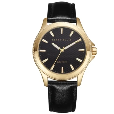 Image of Perry Ellis Solar Powered Mens Watch Vegan Leather Water Resistant Analog Wrist Watches for Men 41mm Case Relojes para Hombres Elegant Gift Man, Gold, Dress