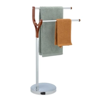 Image of Relaxdays Holder, 2 Bars, Free Standing, for Hand &amp; Bath, Bathroom Towel Rail, Steel MDF, Silver/Brown, 81 x 47 25 cm