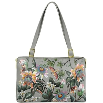Image of Anuschka Women’s Hand Painted Genuine Leather Expandable Shopper Tote Floral Passion