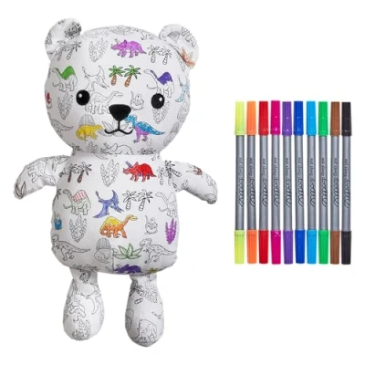 Image of eatsleepdoodle Colour In Dinosaur Bear Colouring Plush w/ 10pk Washable Pens