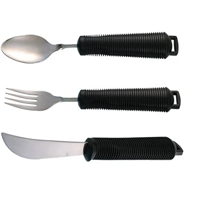 Image of Easy Grip Bendable Cutlery Set of Large Handled Cutlery, Knife, Fork, Spoon (Black)