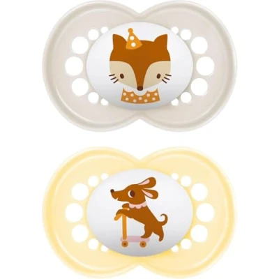 Image of MAM Original 6+M Soother 2PK Unisex Baby Soothers with Self Sterilising Travel Case, Newborn Essentials (Designs May Vary)
