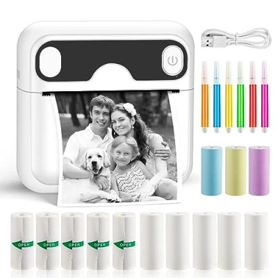 Image of GuKKK Mini Printer, Mobile Photo Portable, Wireless Thermal with 13 Rolls of Printer Paper and 6 Colouring Pencils, Smartphone Bluetooth for List, Journal