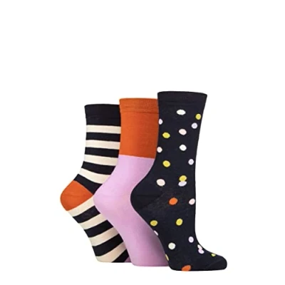 Image of Women&#039;s 3 Pair Caroline Gardner Patterned Cotton Socks Spots / Stripes Navy 4 8
