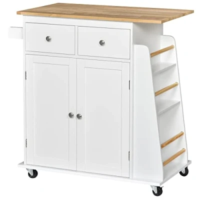 Image of HOMCOM Kitchen Island Storage Cabinet Rolling Trolley with Rubber Wood Top, 3 Tier Spice Rack, Large &amp; Drawers