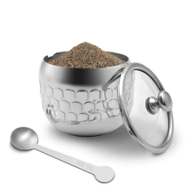 Image of 300 ml Sugar Bowl 304 Stainless Steel Spice Jar Home Metal Tin Kitchen Container with Lid and Spoon for Spices, Sugar, Coffee, Tea, Pepper (Style 3)
