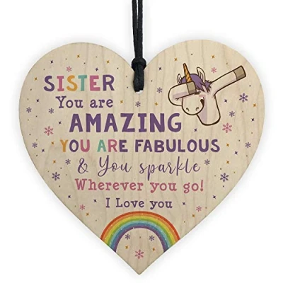 Image of RED OCEAN Novelty Sister Gift For Birthday Christmas Unicorn Plaque Wooden Heart From Brother