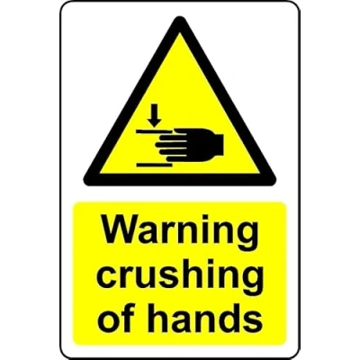 Image of Warning crushing of hands safety sign Self adhesive sticker (100mm x 150mm)
