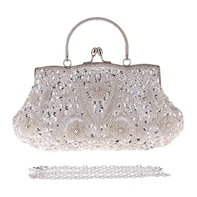 Image of DZOZO Vintage Floral Beaded Clutch Bag Ladies Sparkly Purse Prom Wedding Pearl Evening Bridal for Women Party Handbag