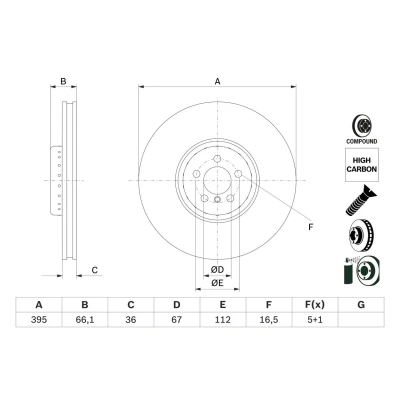 Image of 34106887398, 34116860920 brake disc BOSCH 0 986 479 H12 395mm 36mm 5 112mm two part disc, Vented Coated High carbon BMW: X5, 7, X4