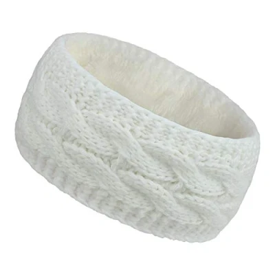 Image of Women Ear Warmer Headband Fleece Lined Winter Warm Knitted Thick Hairband Thermal Headbands Elastic Hair Wrap (White)