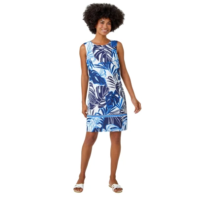 Image of Roman Originals Sleeveless Shift Dress for Women UK Ladies Stretchy Summer Holiday Cruise Beach Casual Going Out Garden Party Lightweight Round Neck Comfortable Day Navy Azure Size 10