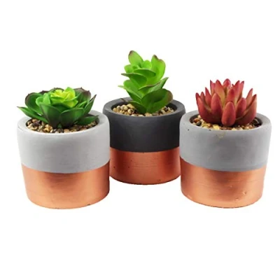 Image of Leaf Set of 3 Ceramic Planters with Artificial, X Mini Copper Band Plants, 14cm