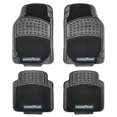 Image of Goodyear 4 PC Carpet &amp; Rubber Mat Set All Weather Heavy Duty Protection, Universal Fit for Cars, Trucks, and SUVs Non Slip Backing Easy to Clean Durable, Front Rear Floor Mats Black